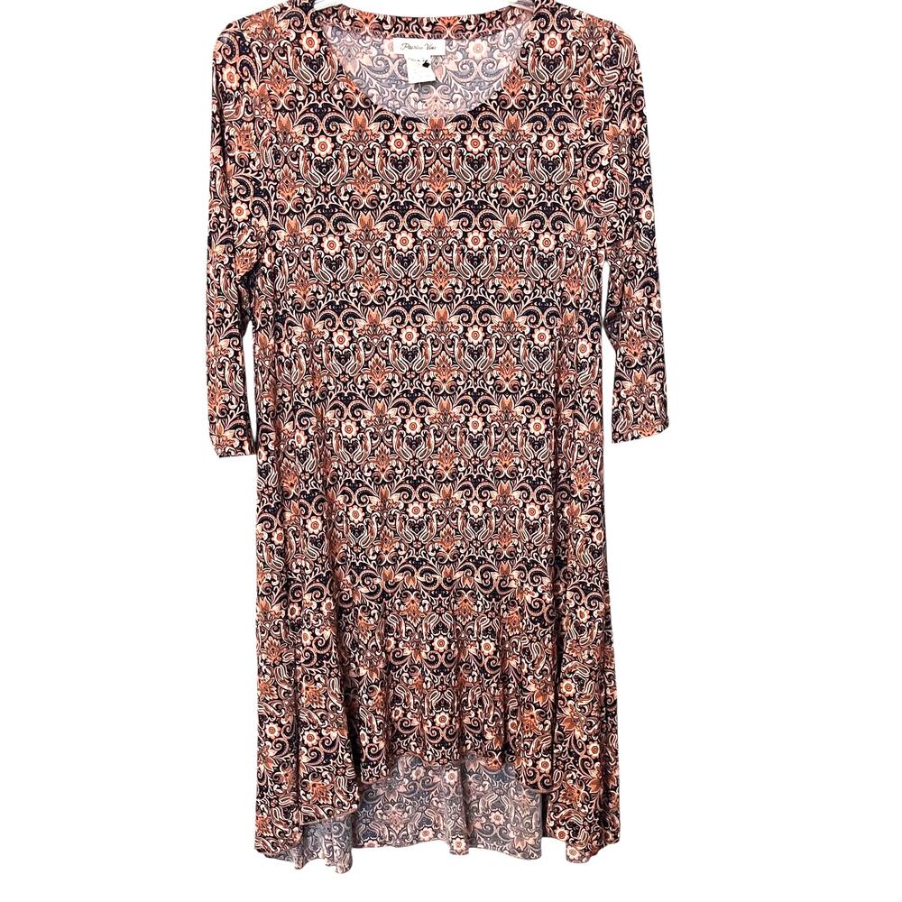 PAISLEY VINE 3/4 SLV RND NECK ANKLE LGTH TENT/TRAPEZE DRESS, WOMEN, M, ORAG NAVY